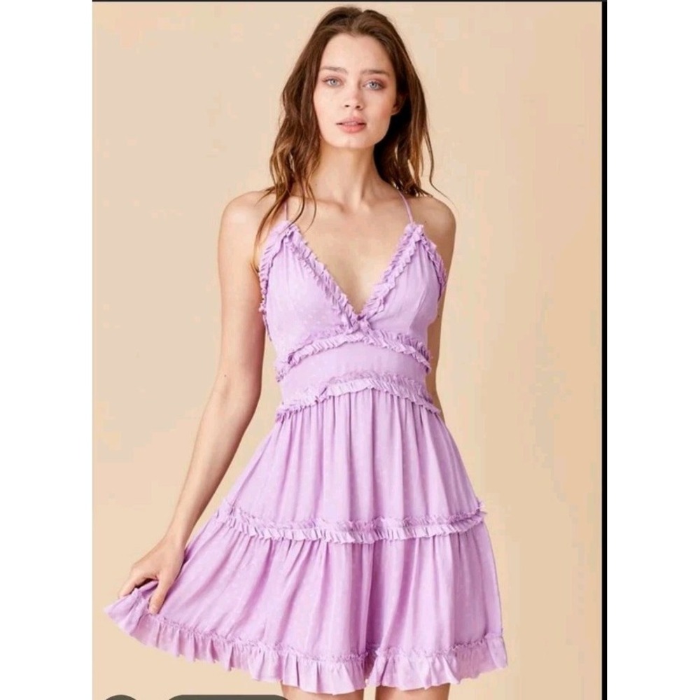 Ensemble Ruffle Tiered Mini Dress Womens M Purple New Polka Dot Jacquard D3275